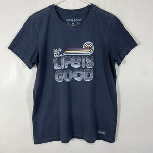 Life Is Good Crusher T Shirt Womens Medium Blue Hello Sun Shine Short Sleeve
